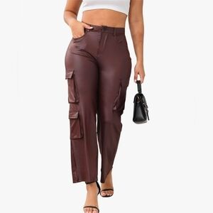 Women's Brown Stretchy High Waisted Faux Leather Cargo Pants With Pockets